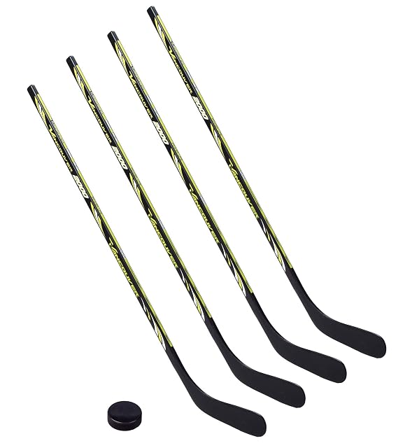 Set Vancouver 2000 di quattro bastoni da hockey per bambini in nero e verde lime con un disco